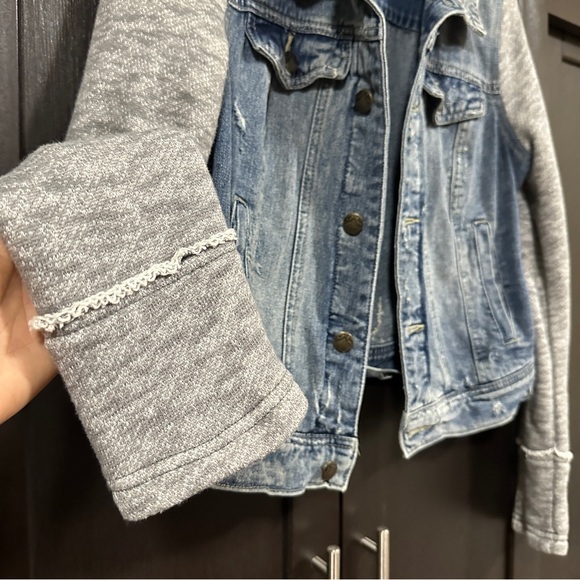 Free People Blue Denim Jacket with Gray Sleeves - Picture 2 of 12